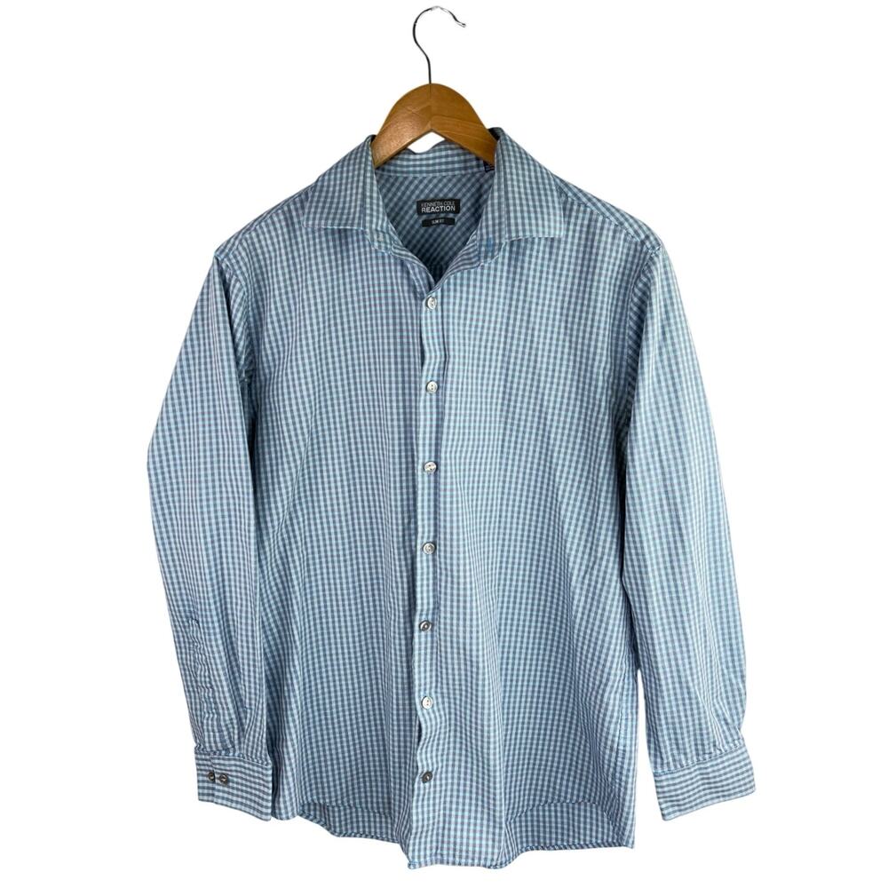 Kenneth Cole Reaction Men;s Blue Plaid Slim Fit Button Down Shirt Top Size 32-33
